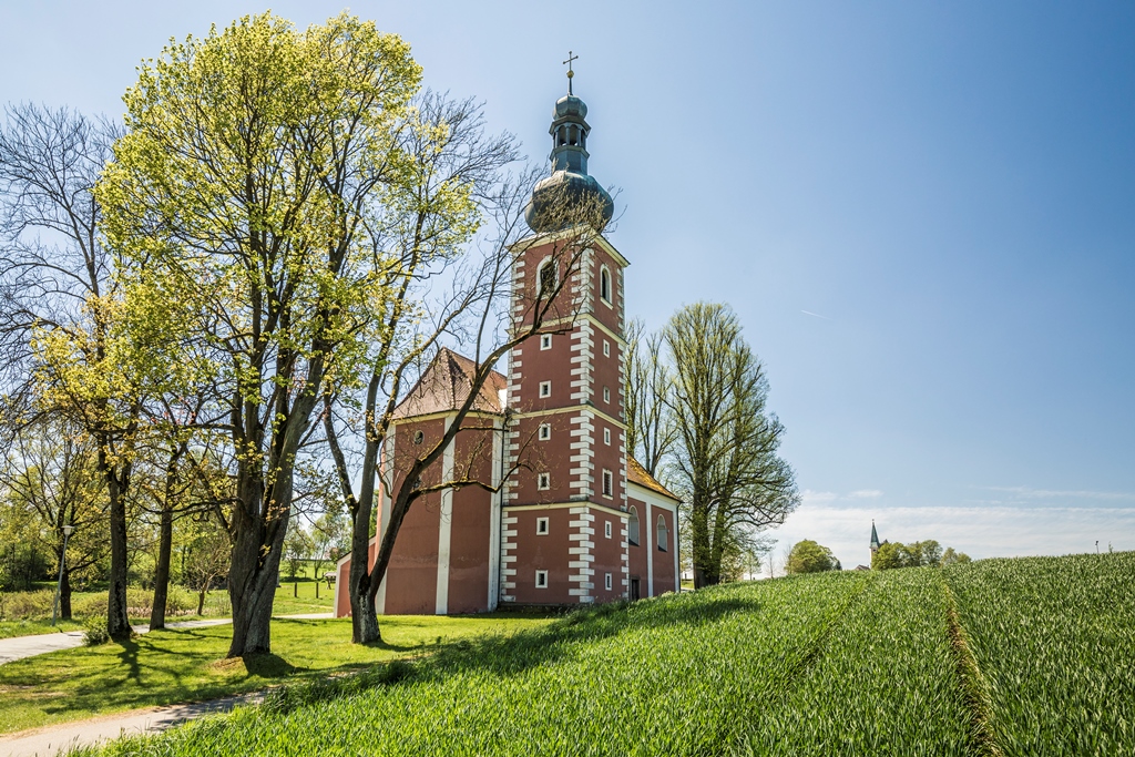 Foto der Moosbacher Wieskirche umrahmt von Bäumen und einem Feld mit blauem Himmel im Frühling