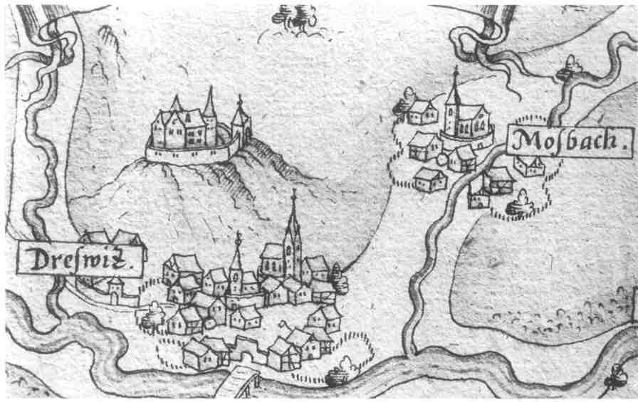 Historische, handgezeichnete Karte von Moosbach und Treswitz aus dem 16. Jahrhundert
