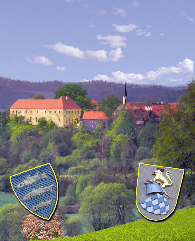 schloss_burgtreswitz_farbig_2 Bild vom Schloss umsäumt von Wäldern mit den eingebetten Ursprungswappen von Moosbach und Burgtreswitz