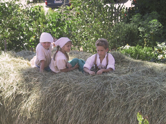 3 Kinder spielen auf einem prall gefülltem Heuwagen